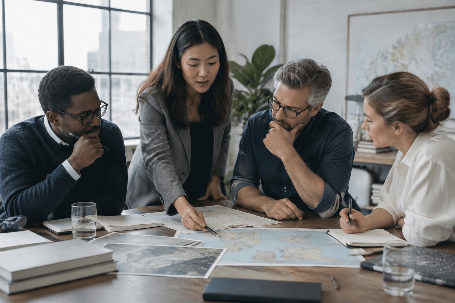 An international marketing team collaborating on market-entry strategy