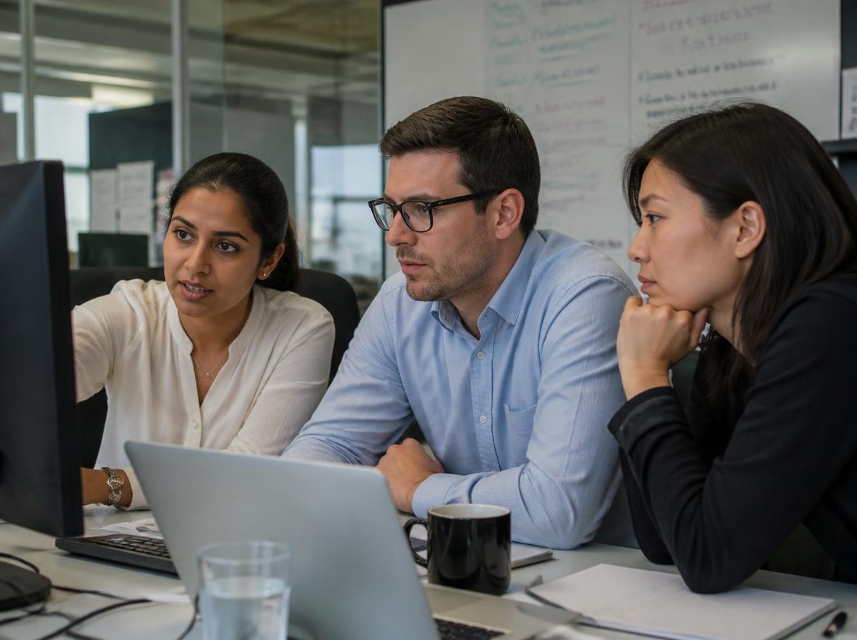 Embedded marketer working alongside a client team at one screen