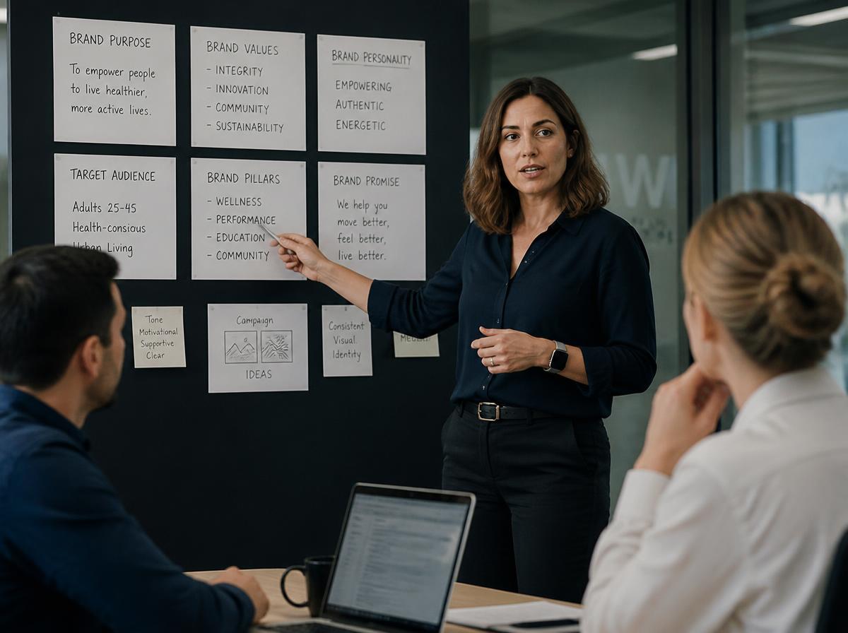 Experienced marketing leader presenting brand strategy to colleagues
